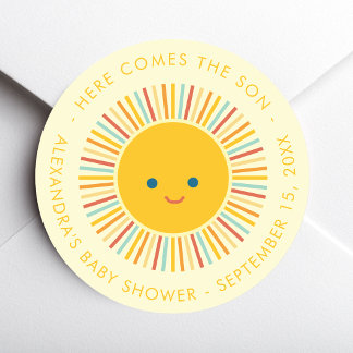 Här kommer sonen Solpojken Baby Shower Runt Klistermärke