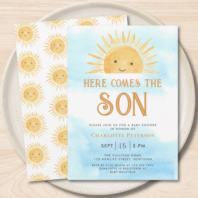 Här kommer sonen Solsken Himmel Baby Shower  Inbjudningar (Skapare uppladdad)