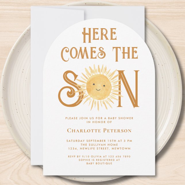 Här kommer sonen Solskens baby shower-båge Inbjudningar (Skapare uppladdad)