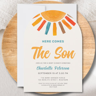 Här kommer sonen Solskenspojken Baby Shower Båge Inbjudningar