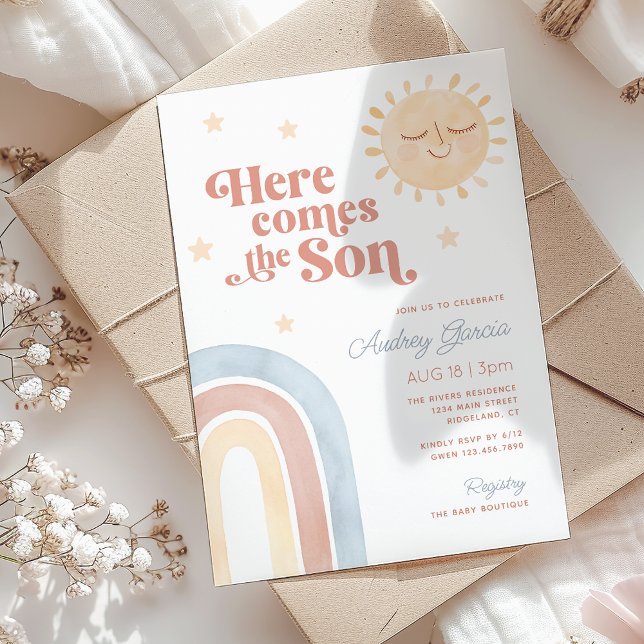 Här kommer sonen Watercolor Boho Babykalas Inbjudningar (Here Comes the Son Watercolor Boho Baby Shower Invitation)