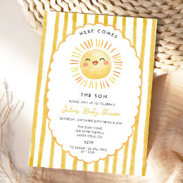 Här kommer sonens solsken baby shower inbjudan