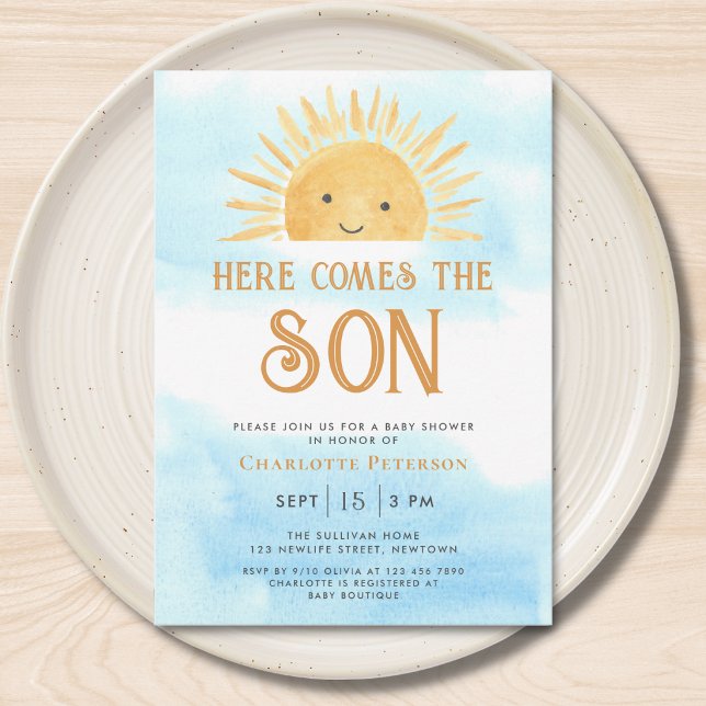 Här kommer sonens solsken baby shower  inbjudningar (Skapare uppladdad)