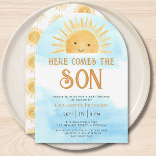Här kommer sonens solsken baby shower inbjudningar