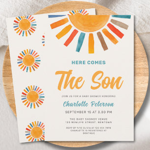 Här kommer sonens solskenspojke baby shower inbjudningar