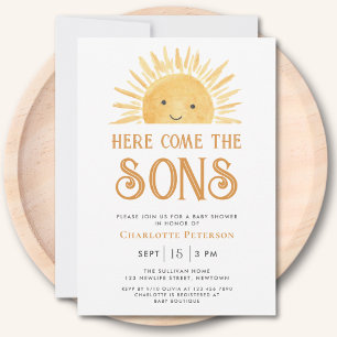 Här kommer sönerna Solsken Tvillingar Baby Shower Inbjudningar