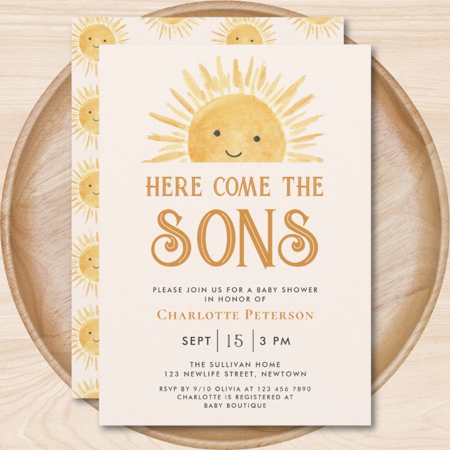 Här kommer sons Twillingar Sunshine Baby Shower Inbjudningar (Skapare uppladdad)