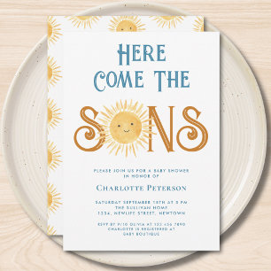 Här kommer Sons Twillingars Baby Shower Inbjudningar