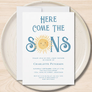 Här kommer Sons Twin Boy's Baby Shower Inbjudningar