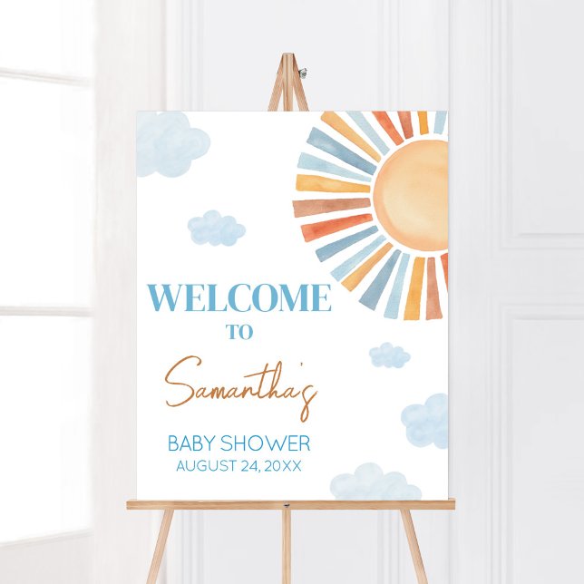 Här kommer välkomstbesökaren i Sol Poster (Blue Boho Sunshine Baby Shower Welcome Sign)