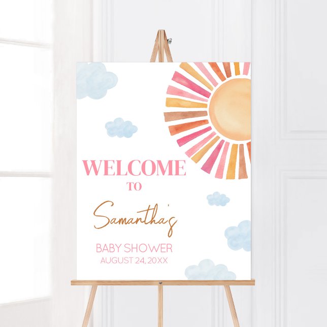 Här kommer välkomsthälsningen till babybabyduschen poster (Sunshine Baby Shower Welcome Sign)