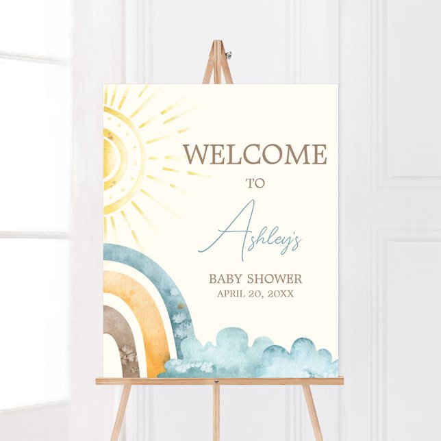 Här kommer välkomsthälsningen till Son Retro Baby  Poster (Boho Here Comes The Sun Baby Shower Welcome Sign)