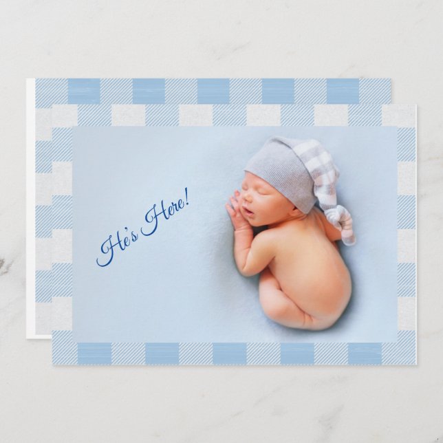 Här|Pojke Blue Gingham Modern Birth Meddelande (Fram/baksida)