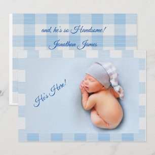 Här Pojke Blue Gingham Modern Birth Meddelande