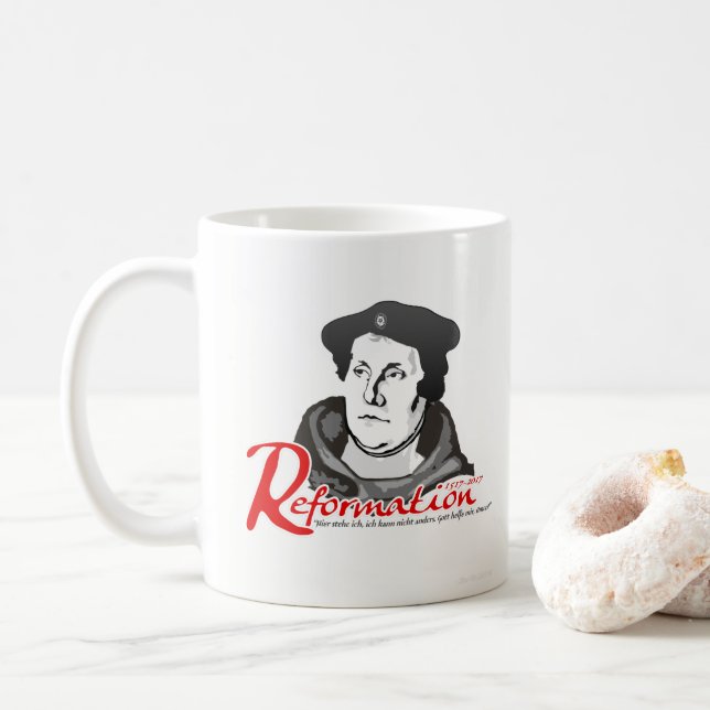 Här står jag den 500. muggen för den Martin Luther Kaffemugg (Med munk)