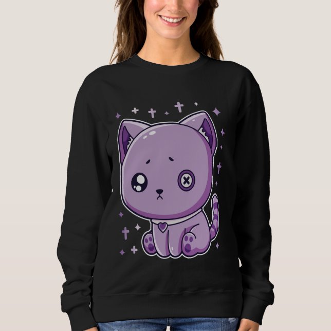 Harajuku Gothic Creepy Sad Purple Cat Novelty Kawa T Shirt (Framsida)