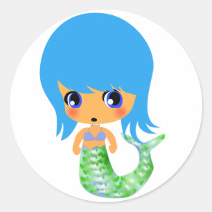 Hårblått chibi-sjöjungfru runt klistermärke