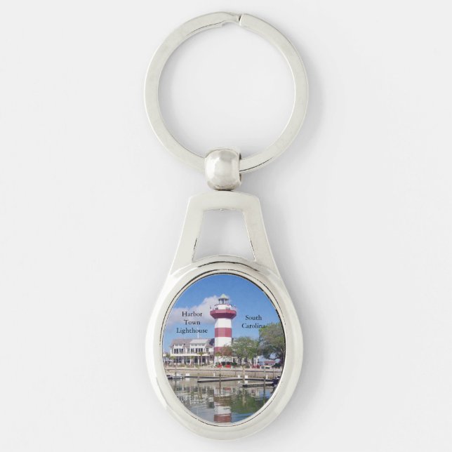 Harbor Town Lighthouse Metall Keychain Ovalt Silverfärgad Nyckelring (Framsidan)