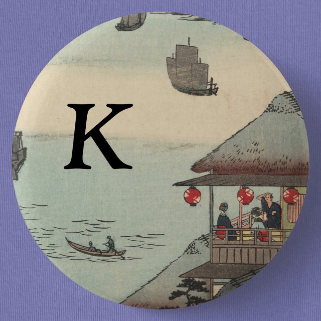 Harbour at Kanagawa, Japan: Monogram Knapp (The Harbor at Kanagawa, Japan, Monogrammed Button Pin- Detail View)