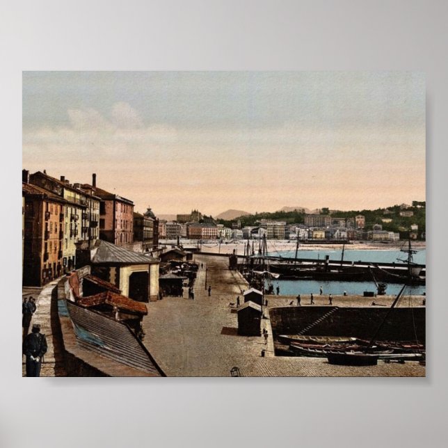 Harbour, San Sebastian, Spaniens vintage Photochro Poster (Framsidan)