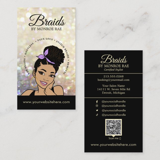 HårBraider/Braids/Braiding/Salon - QR-kodsbuffert Visitkort (Fram/baksida)