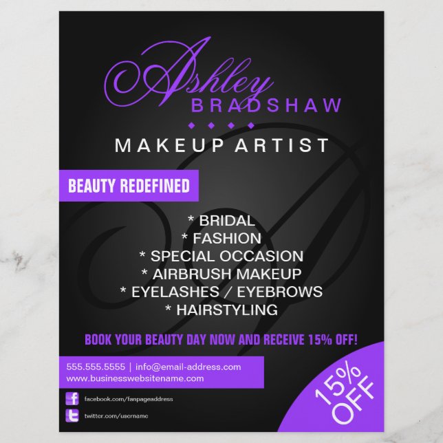 Hård och makeup Artist Monogram Promotional Reklamblad (Framsidan)