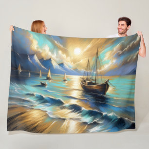 Hård Pastel Teckning Boats Vatten Fleecefilt