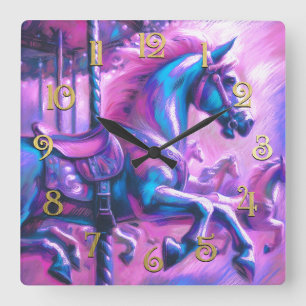 Hård Pastel Teckning Coola Tones Carousel Horse Fyrkantig Klocka