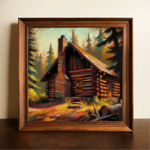 Hård pastel Teckning i Log Cabin i Skogen Poster
