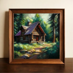 Hård pastel Teckning i Log Cabin i Skogen Poster