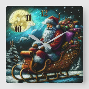 Hård Pastel Teckning-jultomten i Sleigh 2 Fyrkantig Klocka