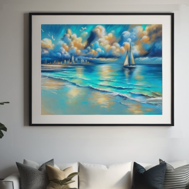 Hård Pastel Teckning Sailboat Vatten Poster (Skapare uppladdad)