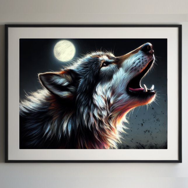 Hård Pastel Teckning Varg Howling Måne II Poster (Skapare uppladdad)