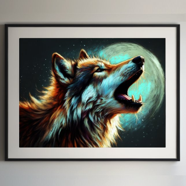 Hård Pastel Teckning Varg Howling Måne III Poster (Skapare uppladdad)