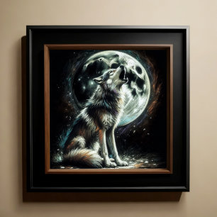 Hård Pastel Teckning Varg Howling Måne Poster