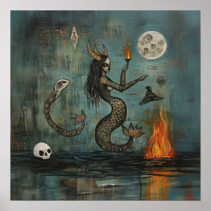 Hård Sjöjungfru Måne Witchy AI Art Matte Value Poster
