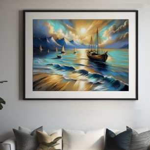Hårda Pastel Teckning Boats Vatten III Poster