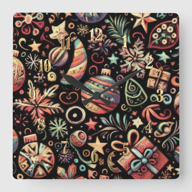 Hårda Pastels Teckning julmotifs Fyrkantig Klocka (Framsida)