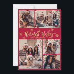 Hårdast Önskemål Red Guld Photo Collage jul Julkort<br><div class="desc">Elegant Modern Calligraphy Red and Guld Snowflake 5 Photo Collage varmast Önskemål Script-kort för Helgdagar i julklapp. Den här snygga, minimalistiska, fem (5) fotokortmallen med ett rutnätsfotokollage, en snöflake och säger "varmaste Önskemål"! Den "varmaste Önskemål" vismala texten i hälsning är skriven i ett vackert handskript med bokstäver i faux guld...</div>