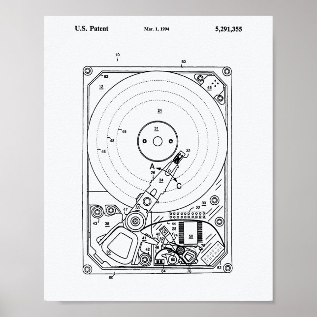 Hårddisk 1994 Patent Art White Papper Poster (Framsidan)