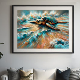 Hårdlös Pastel Teckning Sea Turtle på Beach Poster