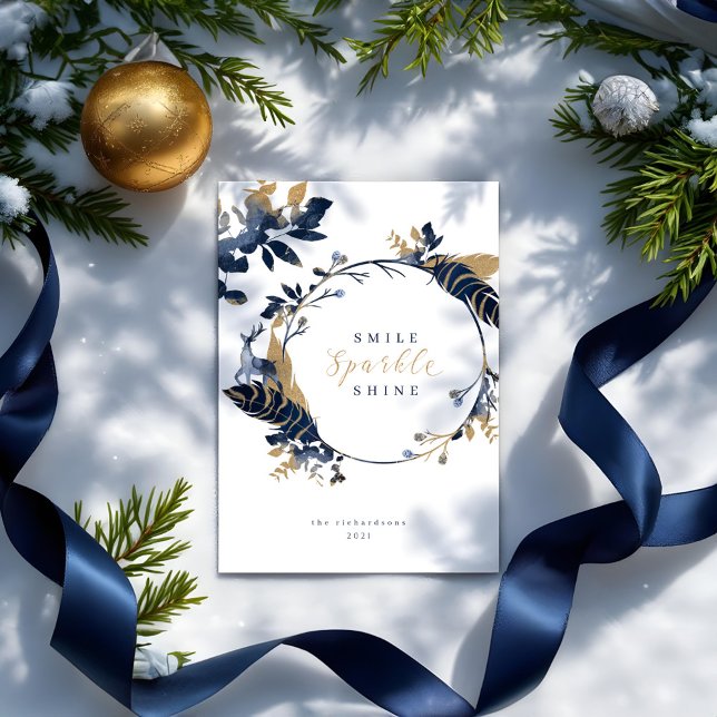 Hårdynga och Guld judar Feathers & Foliage Wandan Julkort (Navy & Gold Jewels Feathers & Foliage Wreath Holiday Card)