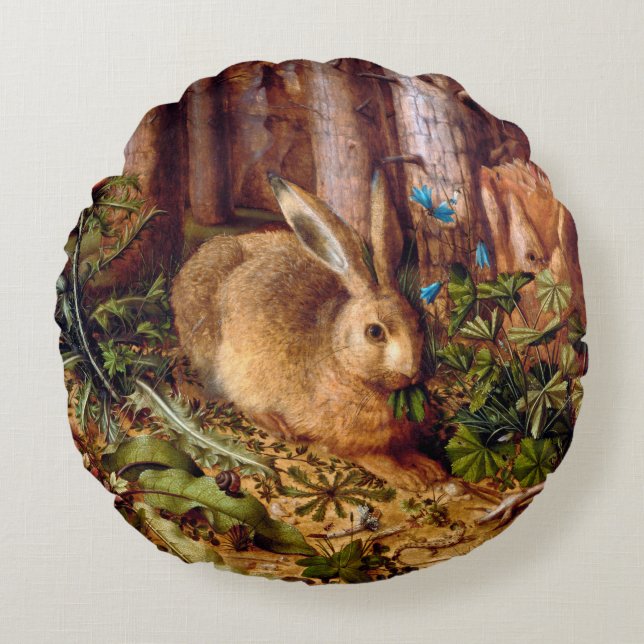 Hare i Forest Hans Hoffmann Rabbit Painting Rund Kudde (Framsidan)