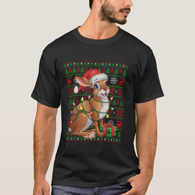 Hare Julafton Ljus Ugly Santa Hat Hare jul T S Shirt (Framsida)