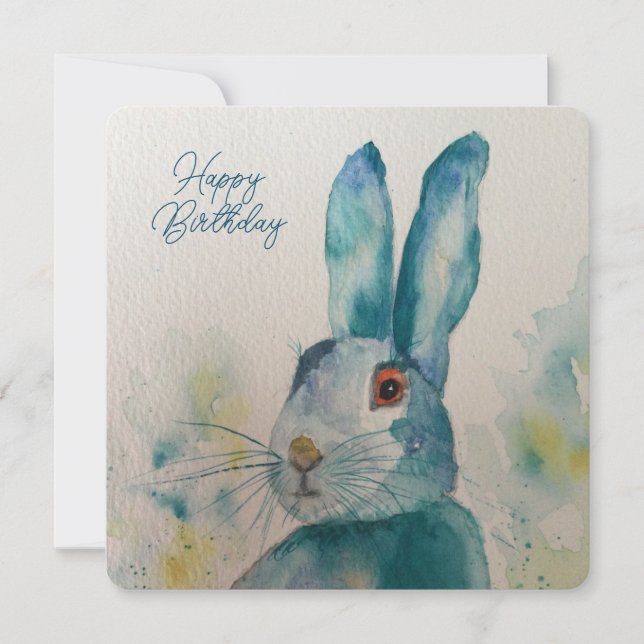 Hare kanin Watercolor Blue Birthday Card (Framsida)