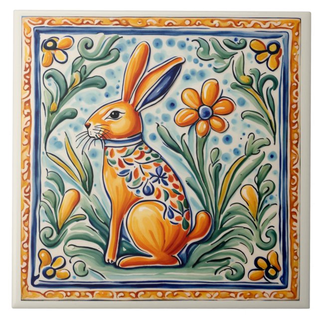 Hare Rabbit Mediterranean Bunny Folk Art Kakelplatta (Framsidan)