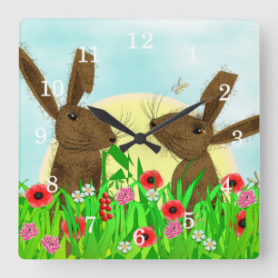 Hare Whimsical Cute Animals Fyrkantig Klocka