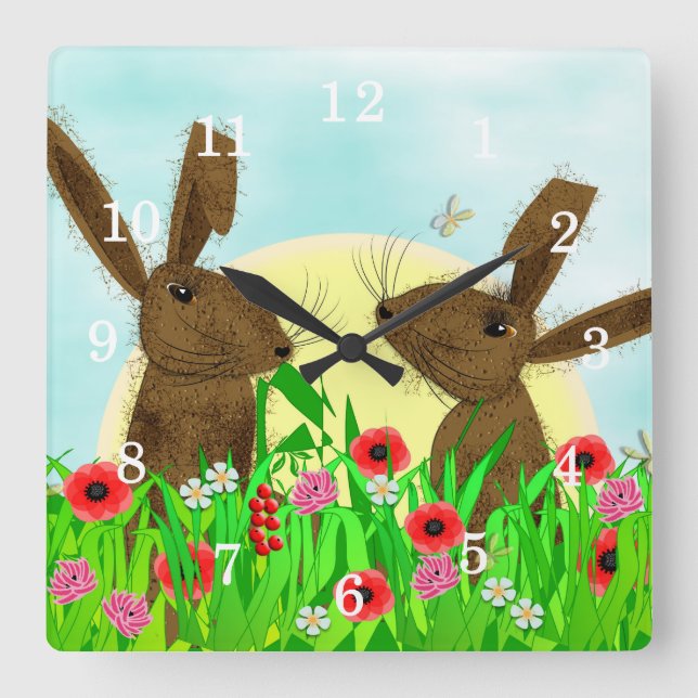 Hare Whimsical Cute Animals Fyrkantig Klocka (Framsida)