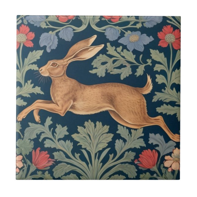 Hare William Morris stil Lämnat Facing Blommigt Kakelplatta (Framsidan)