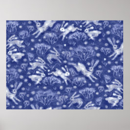 Hares Snö Fält White Rabbits Winter Animal Blue Poster